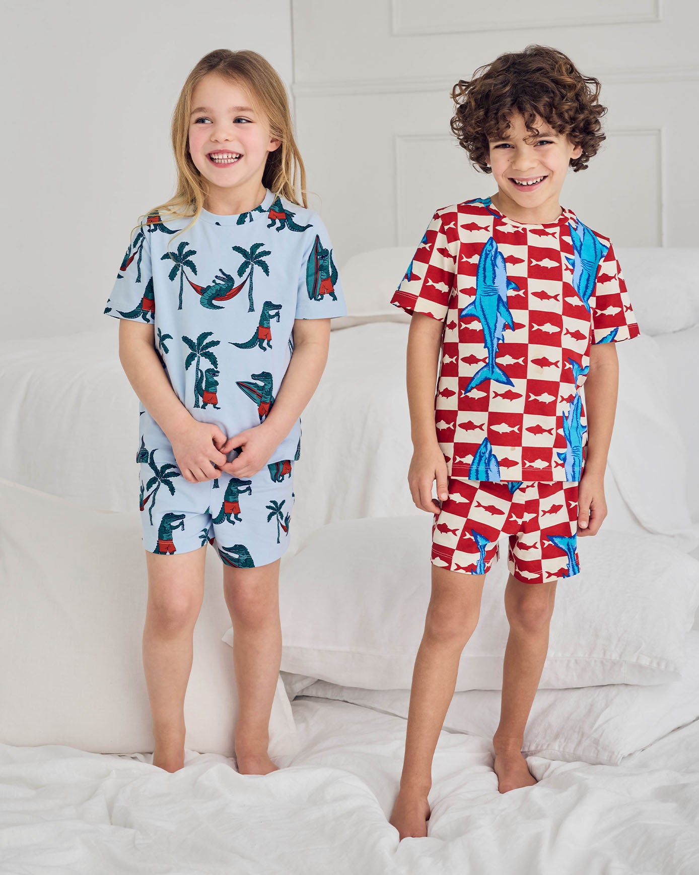 Two Pack Organic Cotton Checkerboard Shark Surfing Crocodile Print Short Pyjama Set