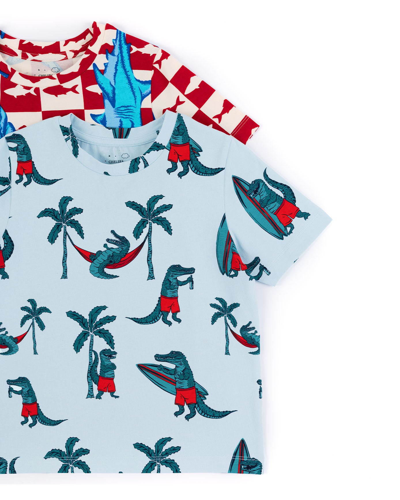 Kids Two Pack Organic Cotton Checkerboard Shark / Surfing Crocodile Print Short Pyjama Set
