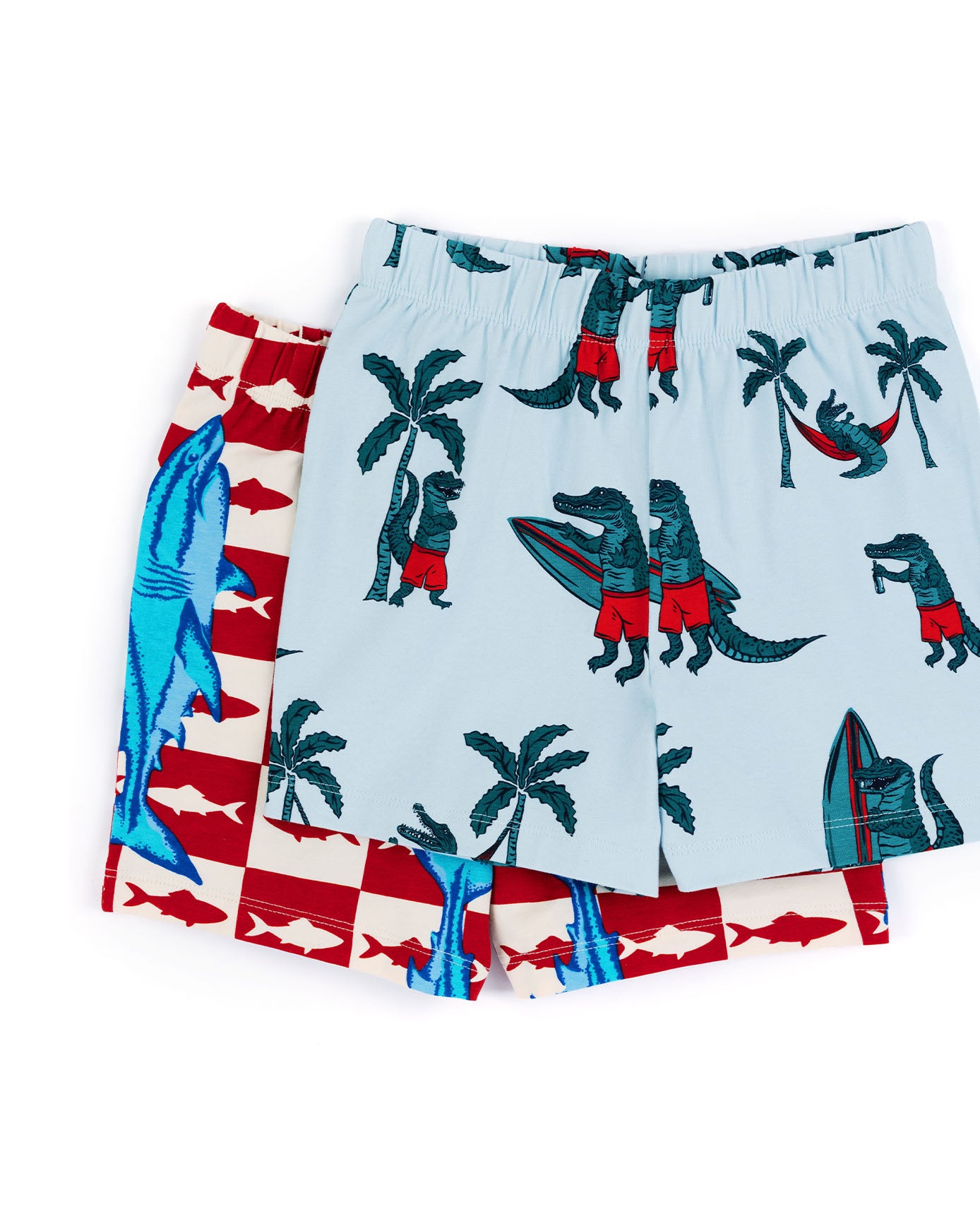 Kids Two Pack Organic Cotton Checkerboard Shark / Surfing Crocodile Print Short Pyjama Set