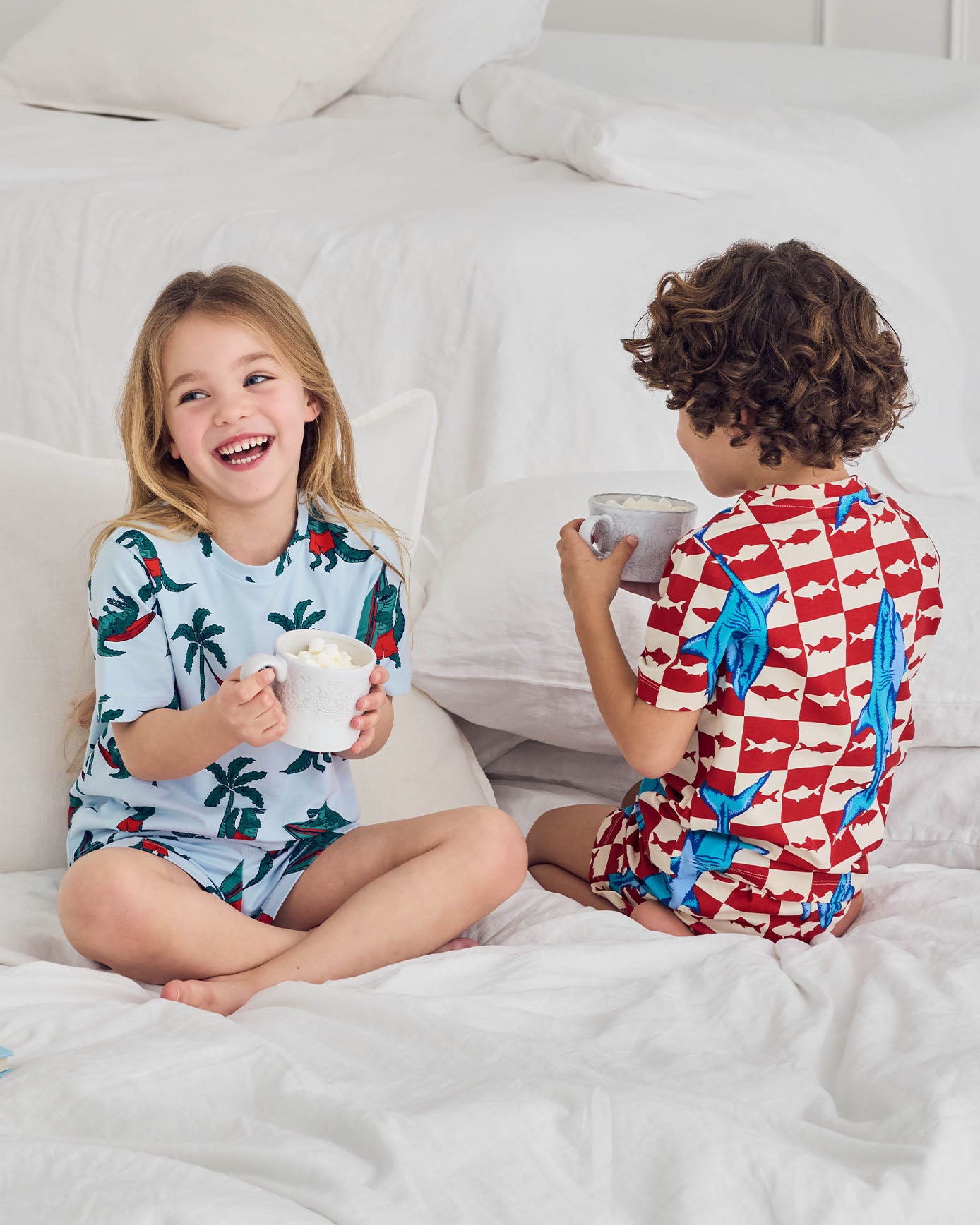 Kids Two Pack Organic Cotton Checkerboard Shark / Surfing Crocodile Print Short Pyjama Set