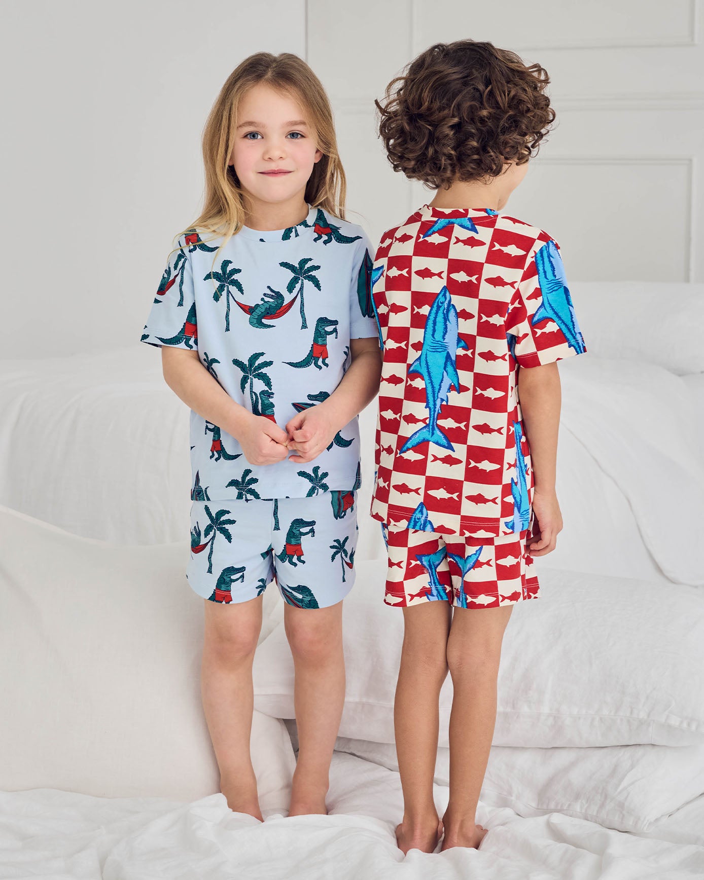 Kids Two Pack Organic Cotton Checkerboard Shark / Surfing Crocodile Print Short Pyjama Set