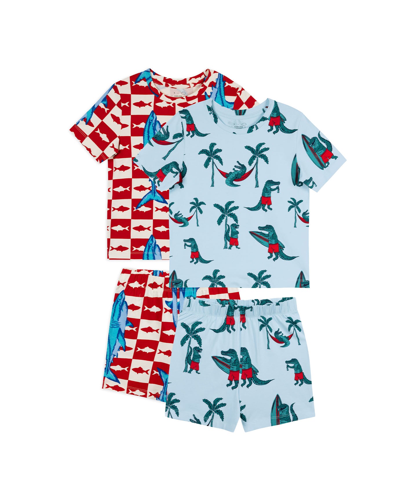 Kids Two Pack Organic Cotton Checkerboard Shark / Surfing Crocodile Print Short Pyjama Set