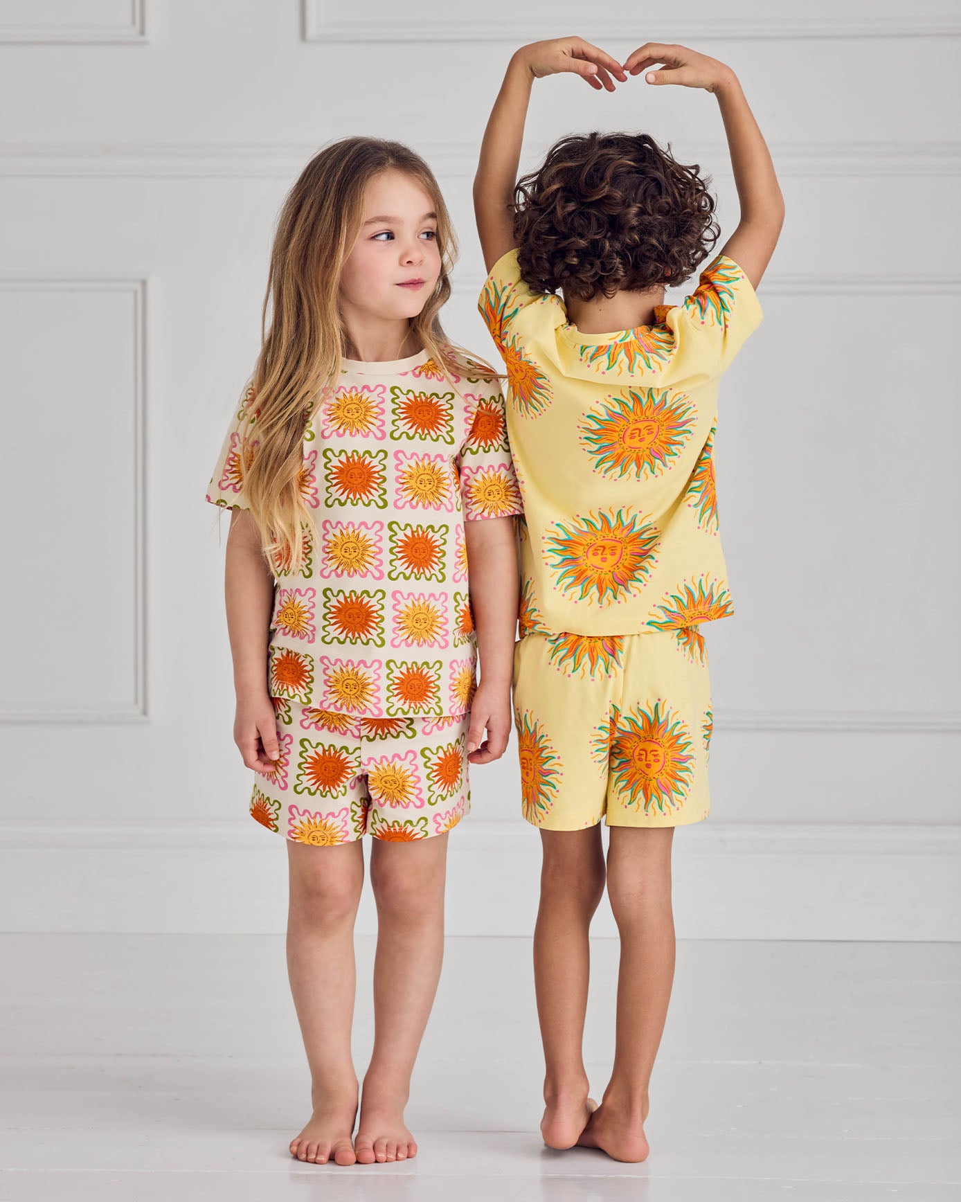 Kids Two Pack Sun Print / Sunshine Grid Print Short Pyjama Set