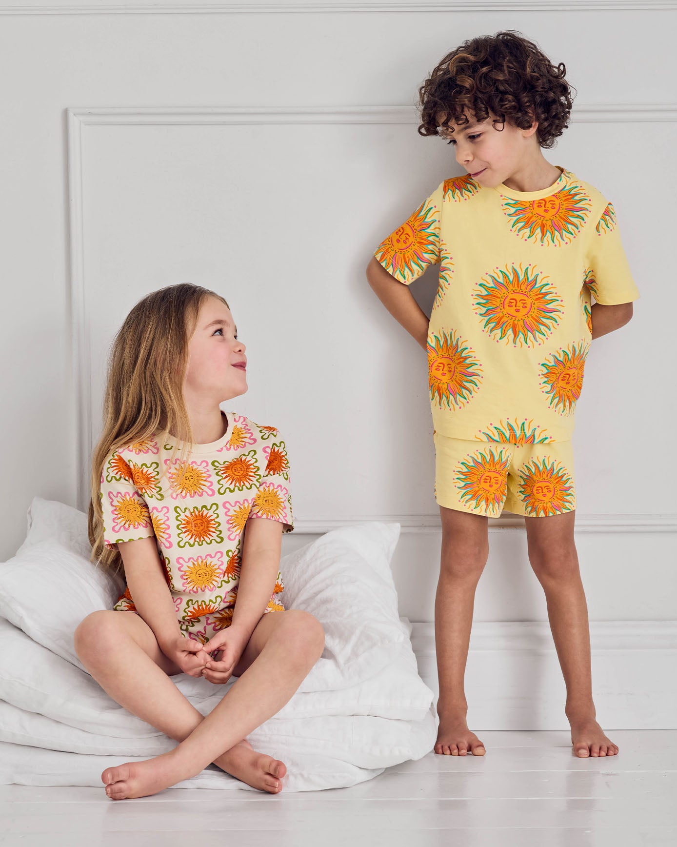 Kids Two Pack Sun Print / Sunshine Grid Print Short Pyjama Set
