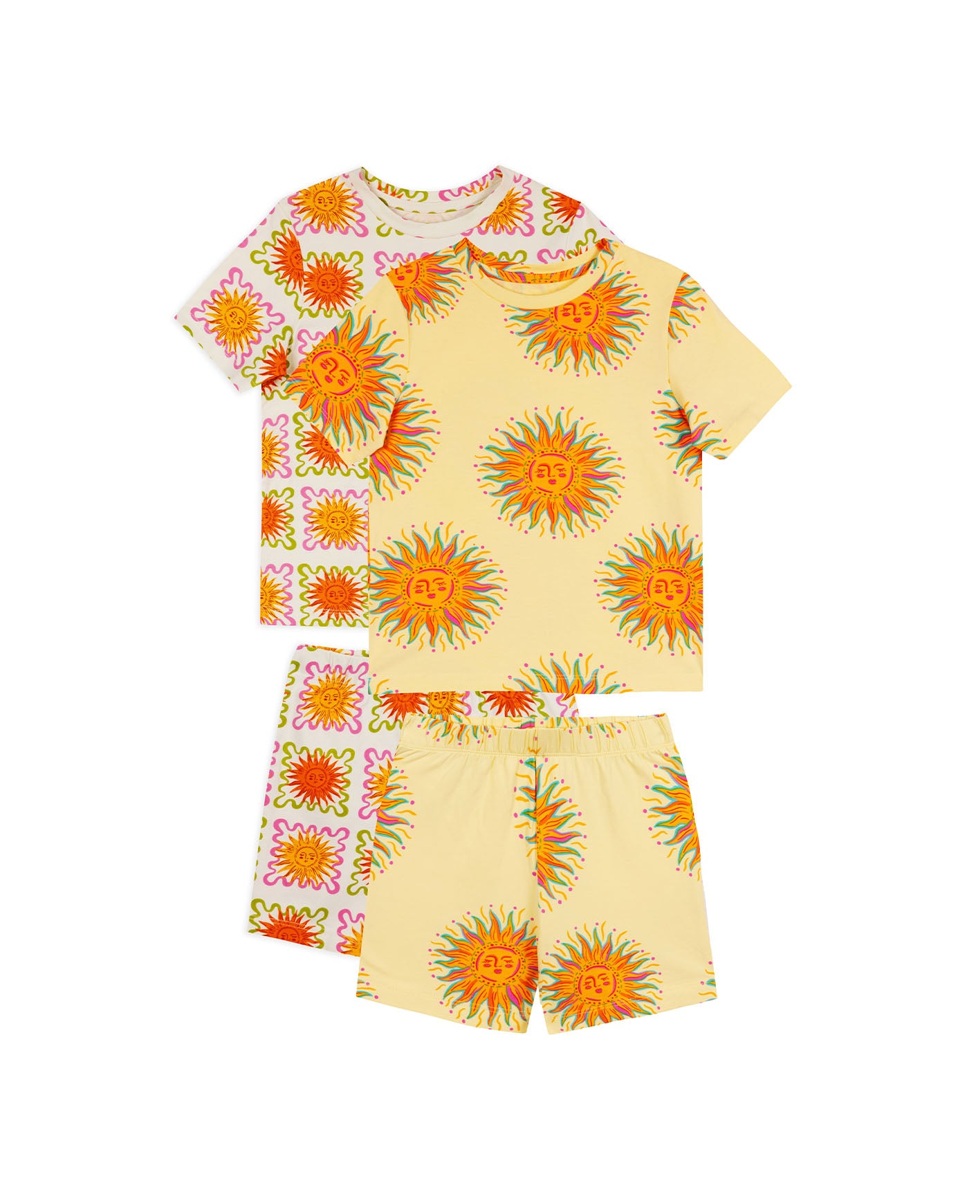 Kids Two Pack Sun Print / Sunshine Grid Print Short Pyjama Set