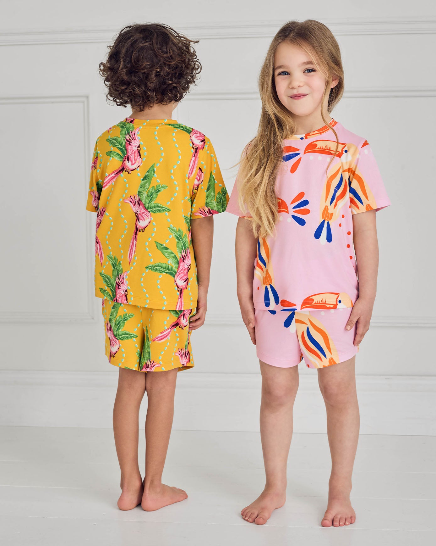 Kids Two Pack Organic Cotton Parrot Wavy Stripe / Toucan Print Short Pyjama Set