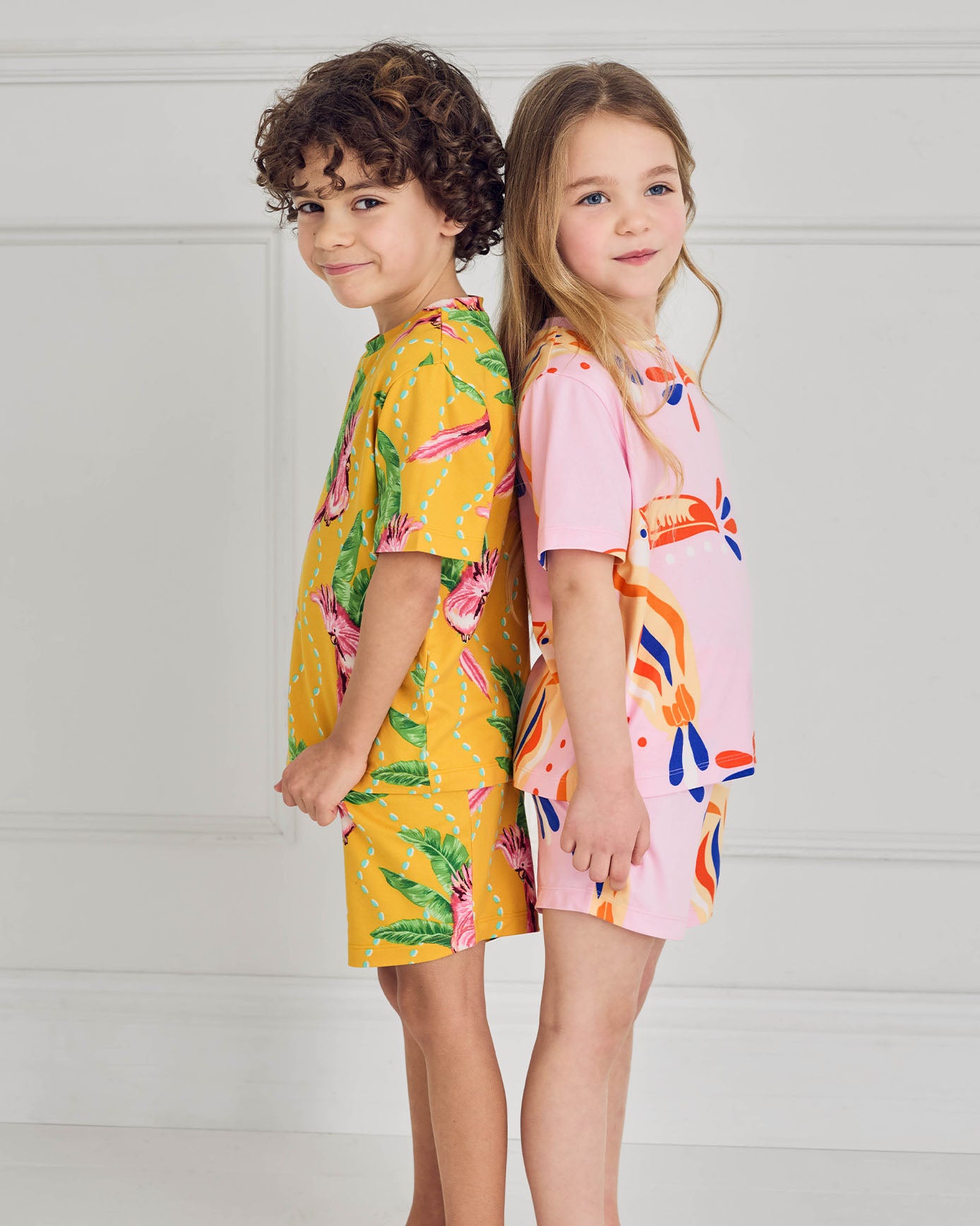 Kids Two Pack Organic Cotton Parrot Wavy Stripe / Toucan Print Short Pyjama Set