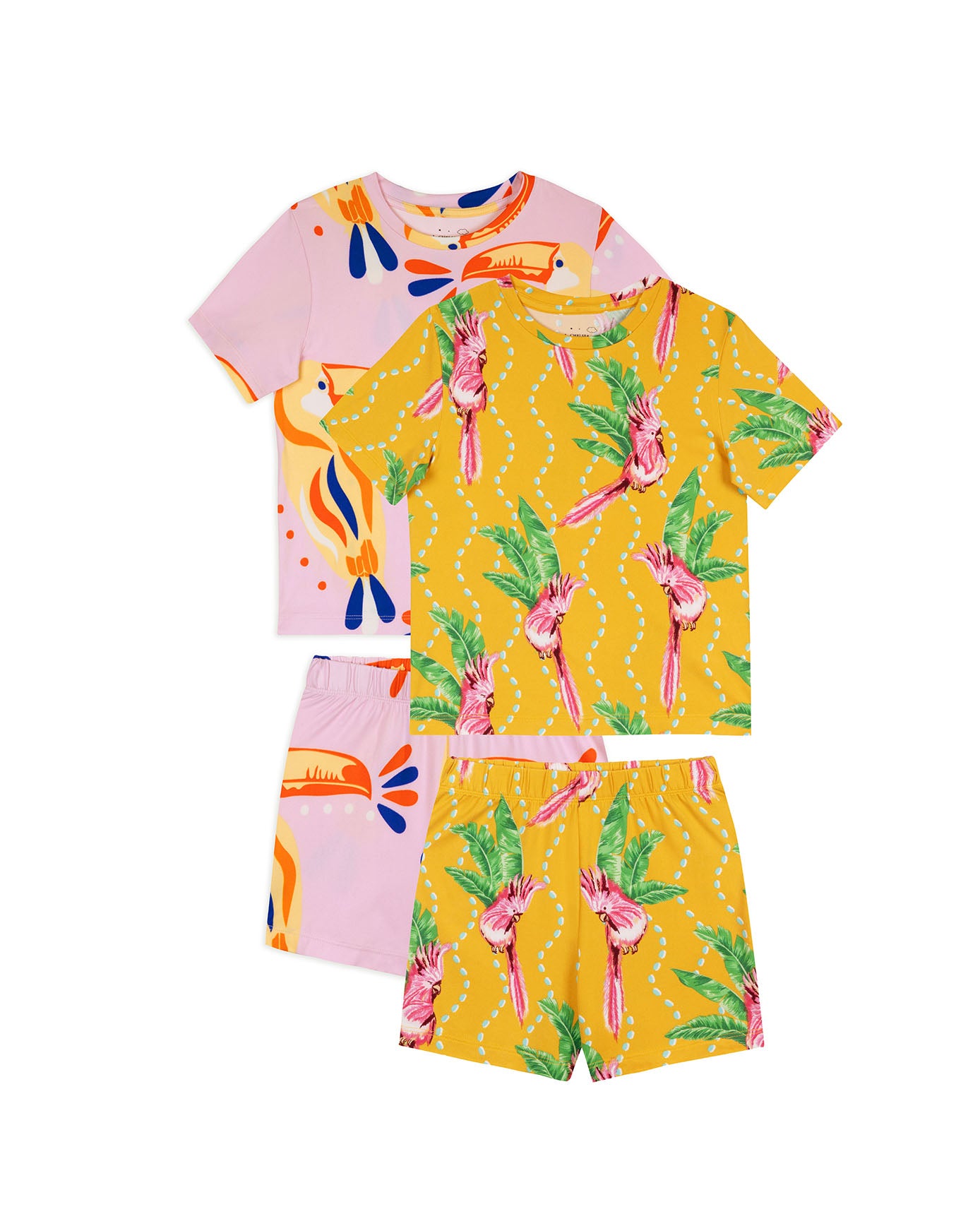 Kids Two Pack Organic Cotton Parrot Wavy Stripe / Toucan Print Short Pyjama Set