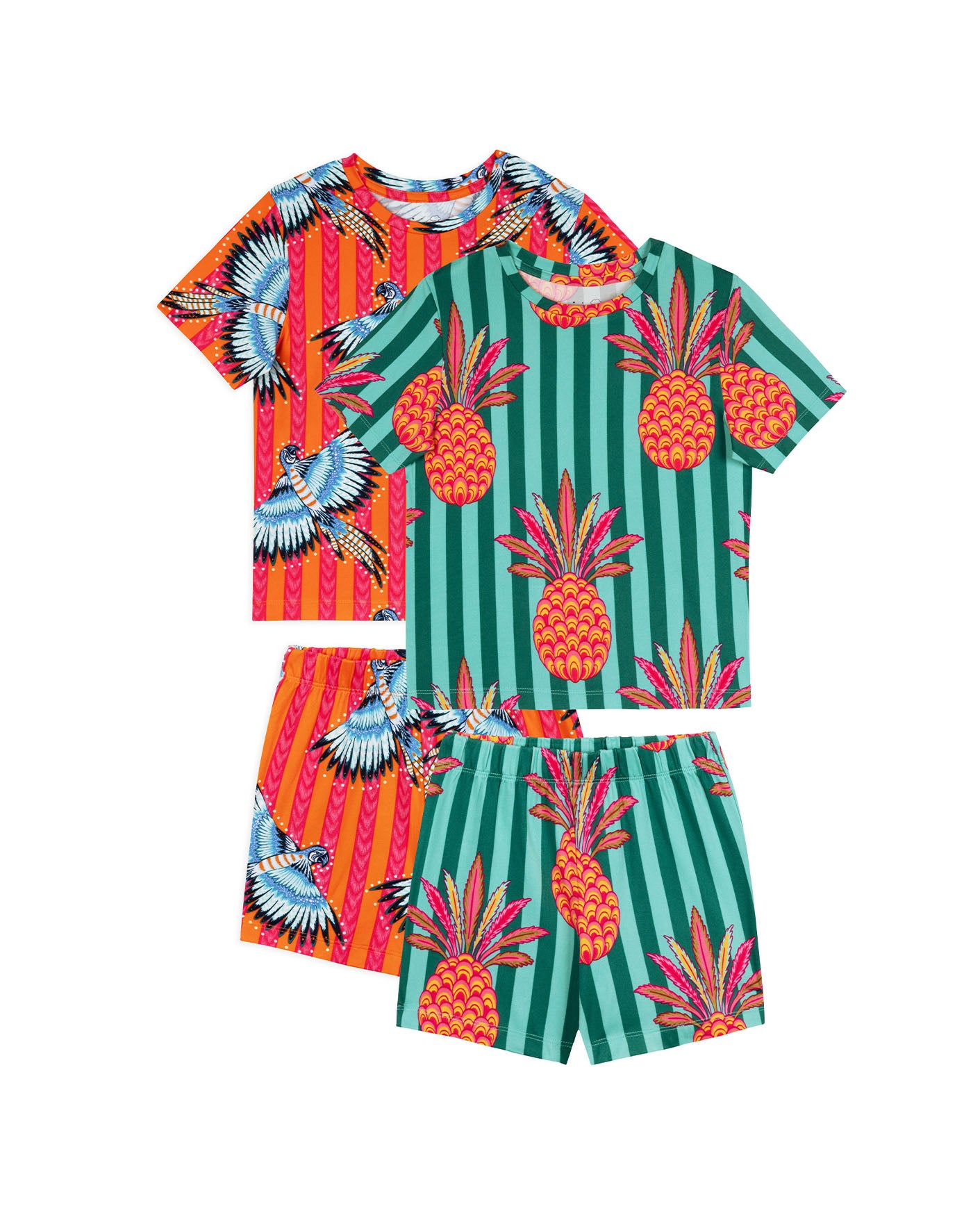 Kids Two Pack Parrot Stripe / Pineapple Stripe Print Short Pyjama Set