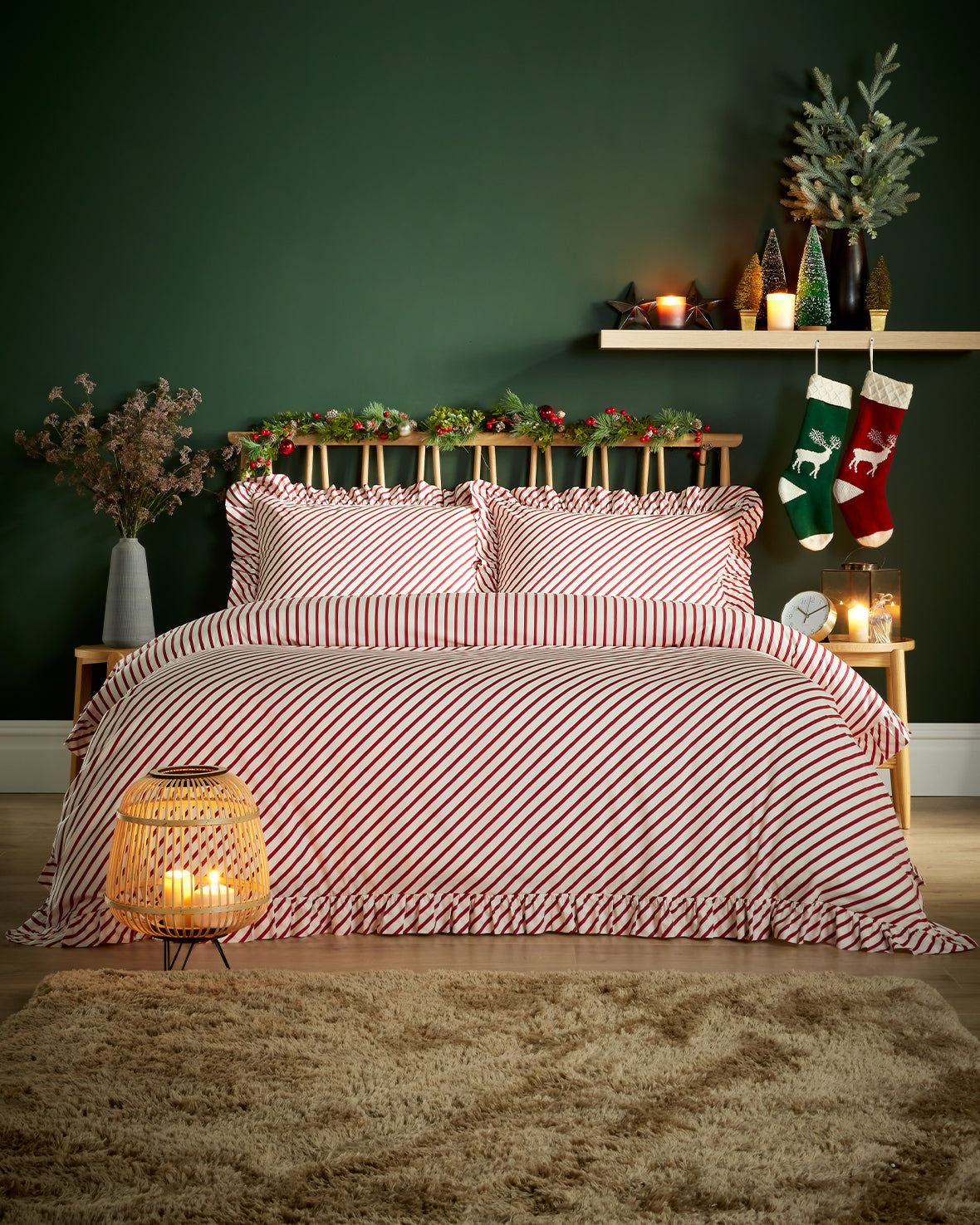 Cotton Christmas Candy Cane Stripe Print Frill Bedding Set