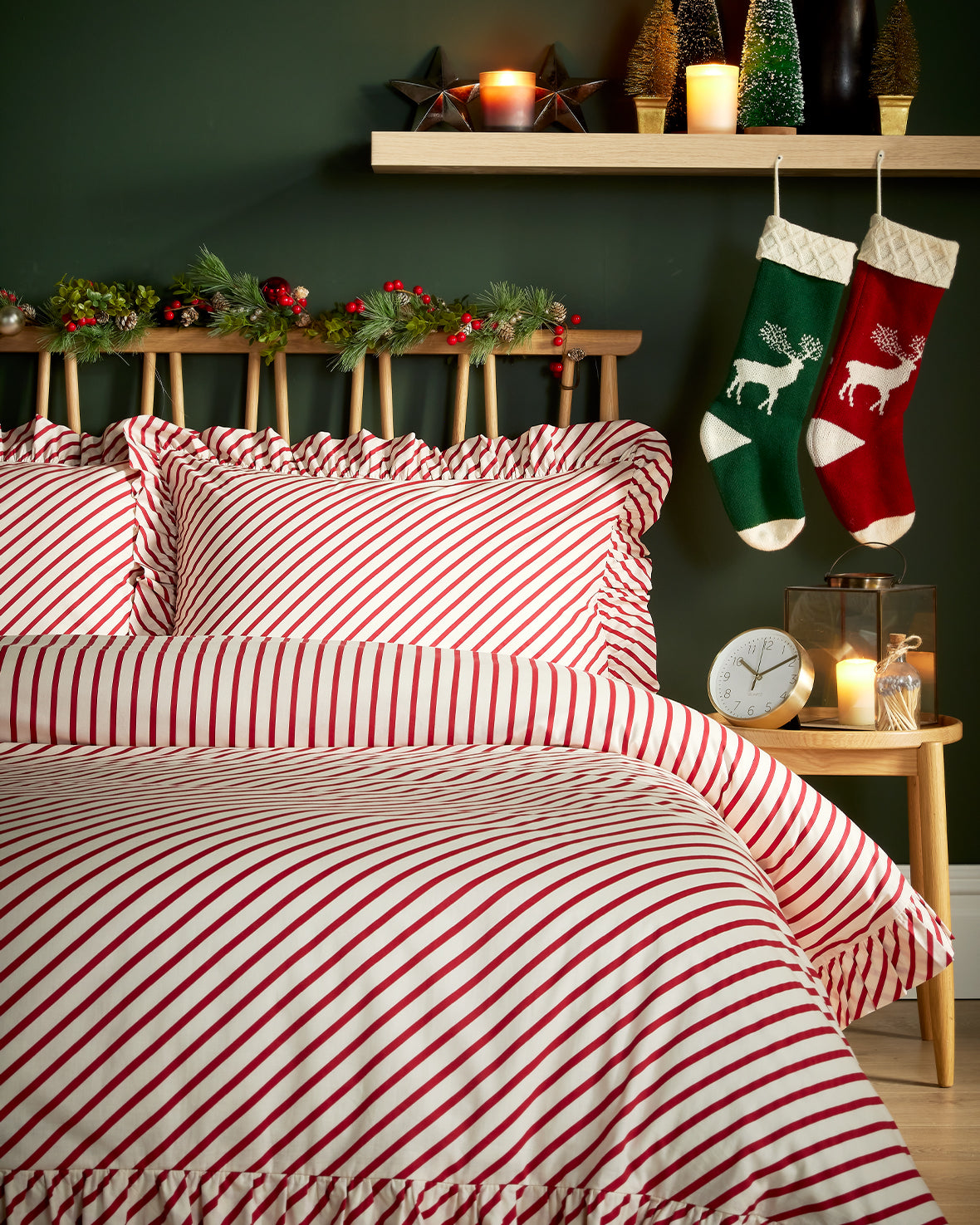 Cotton Christmas Candy Cane Stripe Print Frill Bedding Set