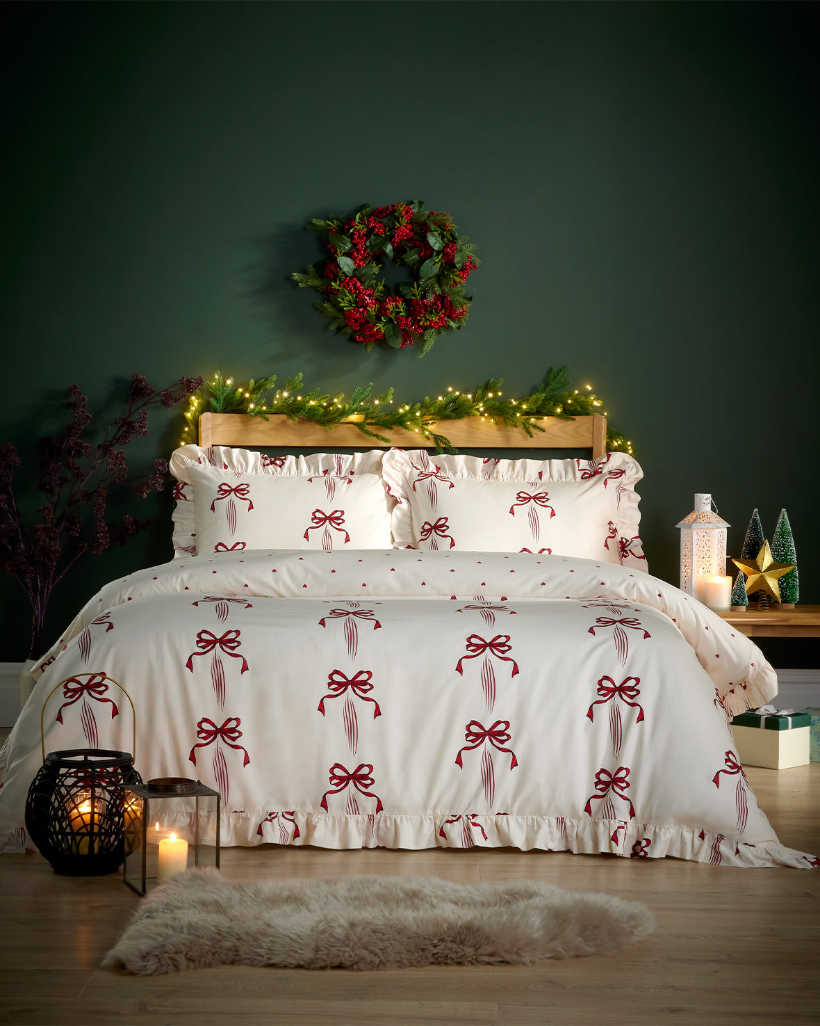 Cotton Christmas Ribbon Bow Print Frill Bedding Set