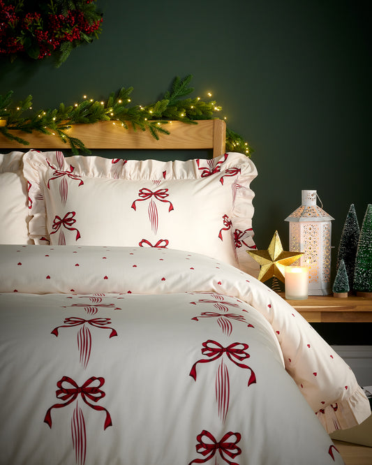 Cotton Christmas Ribbon Bow Print Frill Bedding Set