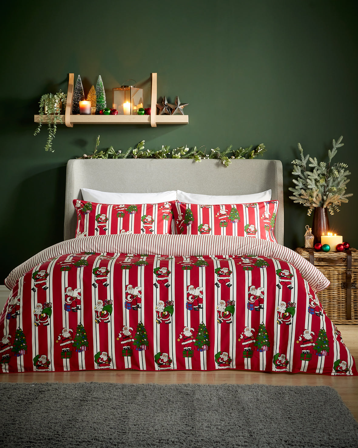 Cotton Christmas Santa Stripe Print Bedding Set