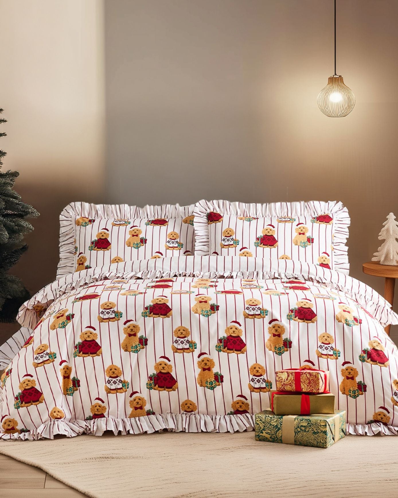 Cotton Chip the Christmas Cockapoo Dog Print Reversible Frill Bedding Set