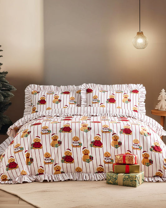 Cotton Chip the Christmas Cockapoo Dog Print Reversible Frill Bedding Set