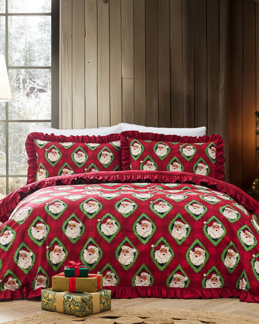 Cotton Christmas Jolly Santa Print Reversible Frill Bedding Set