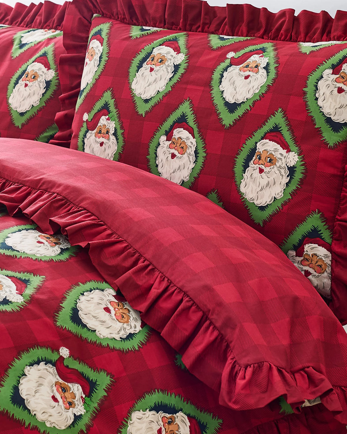 Cotton Christmas Jolly Santa Print Reversible Frill Bedding Set