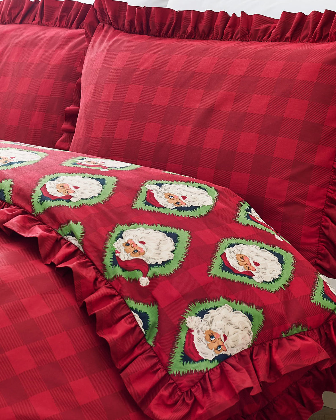 Cotton Christmas Jolly Santa Print Reversible Frill Bedding Set