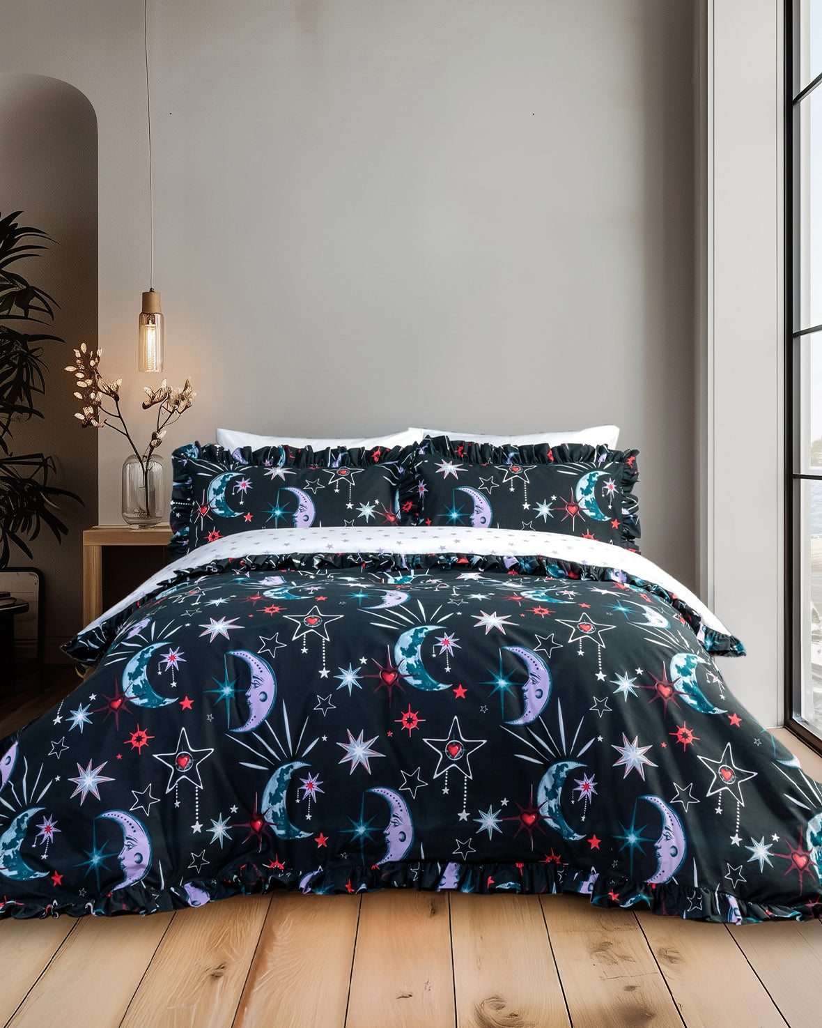 Cotton Mystic Moons Print Reversible Frill Bedding Set