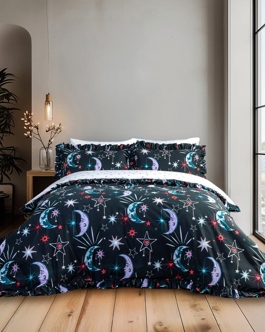 Cotton Mystic Moons Print Reversible Frill Bedding Set