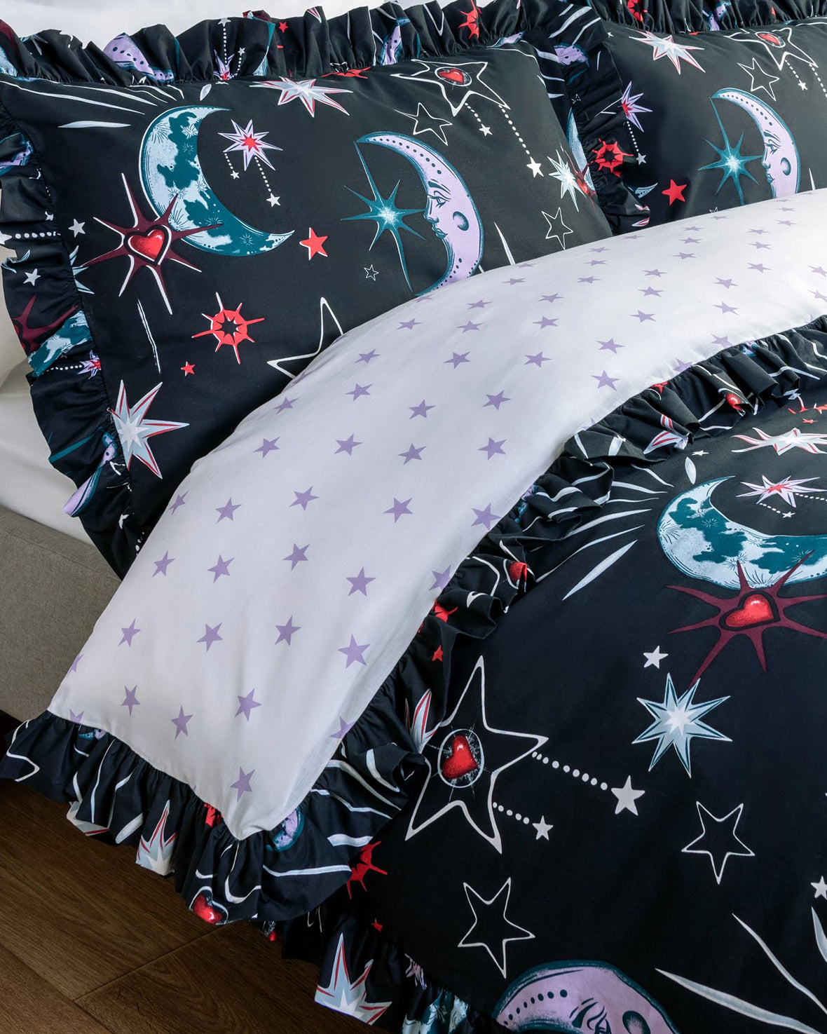 Cotton Mystic Moons Print Reversible Frill Bedding Set