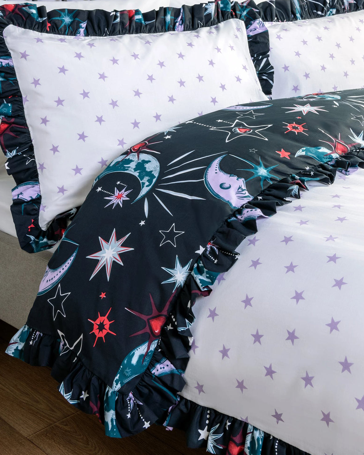 Cotton Mystic Moons Print Reversible Frill Bedding Set
