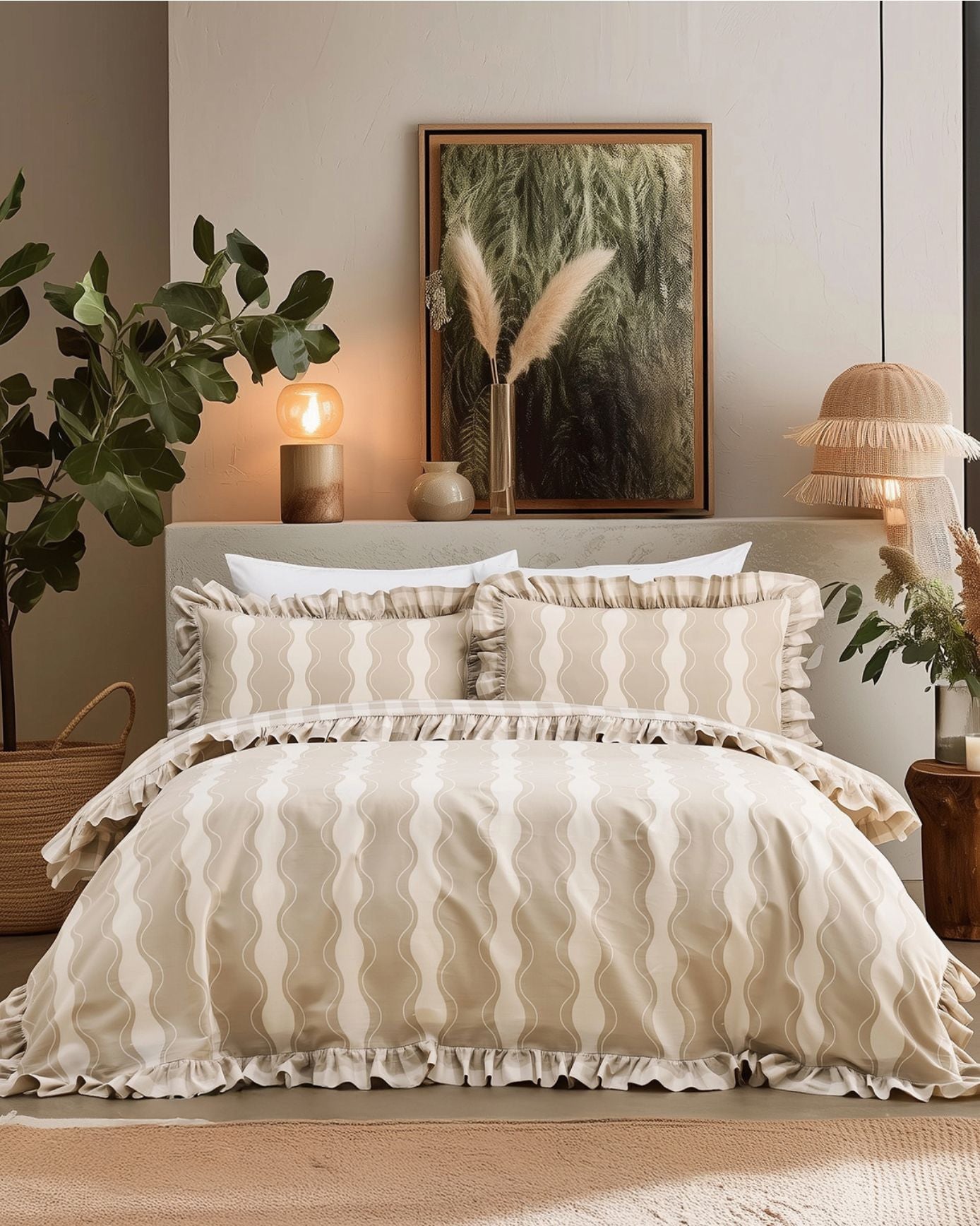 Cotton Wavy Stripe / Gingham Print Reversible Frill Bedding Set - Beige