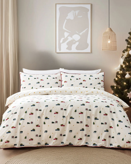 Cotton Christmas Tree Car Print Reversible Bedding Set