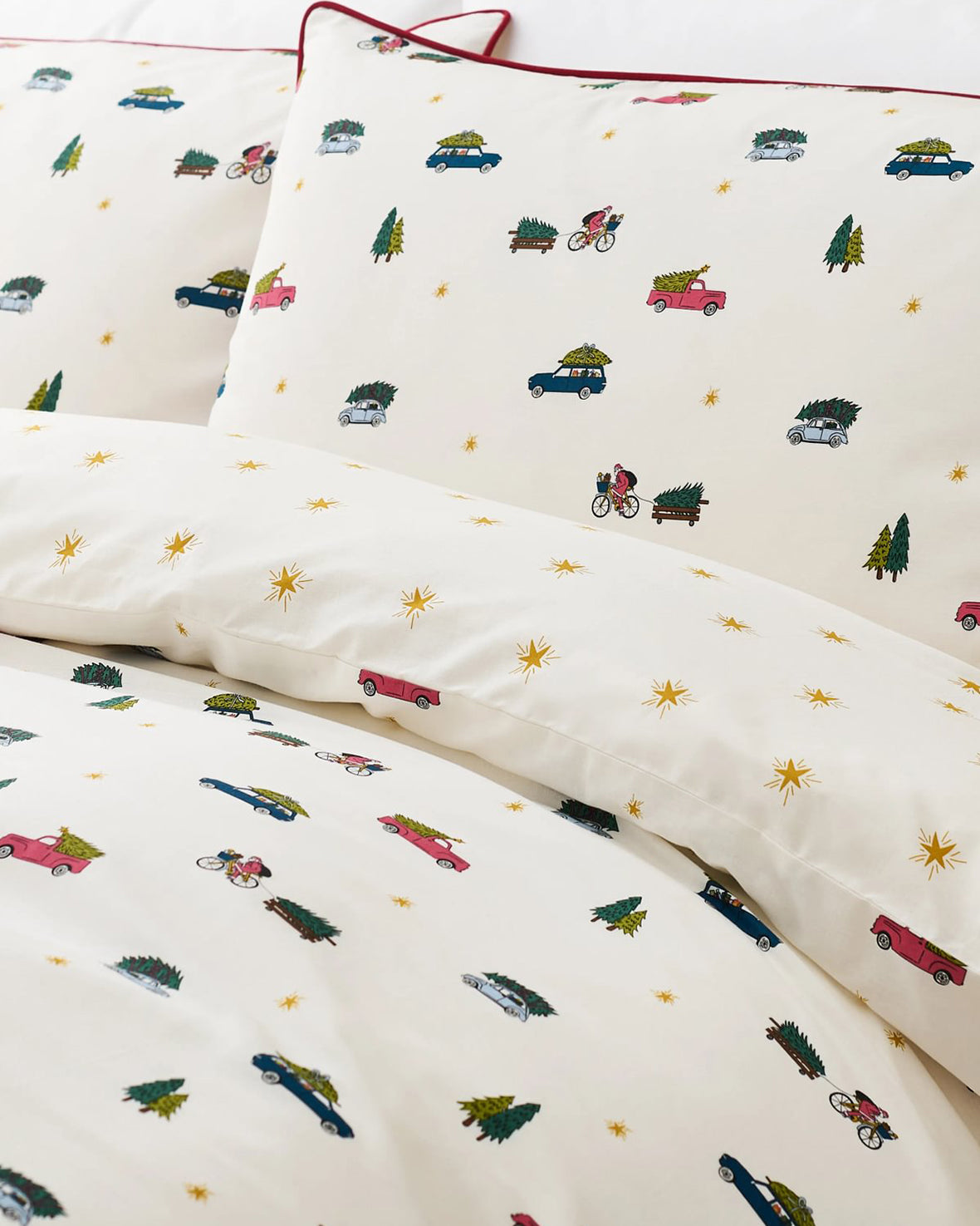 Cotton Christmas Tree Car Print Reversible Bedding Set