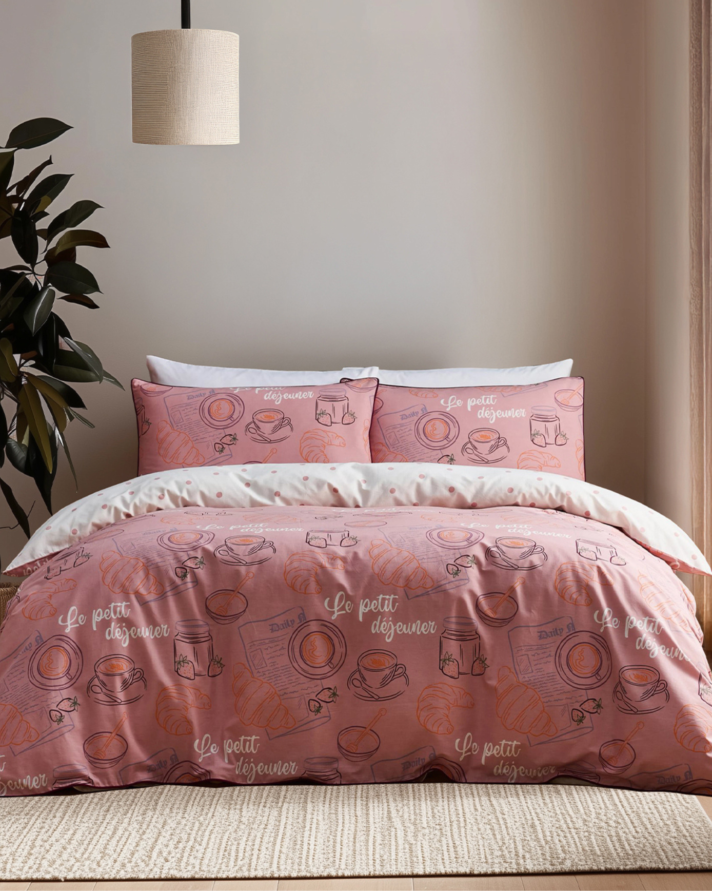 Cotton Breakfast / Polka Dot Print Reversible Bedding Set