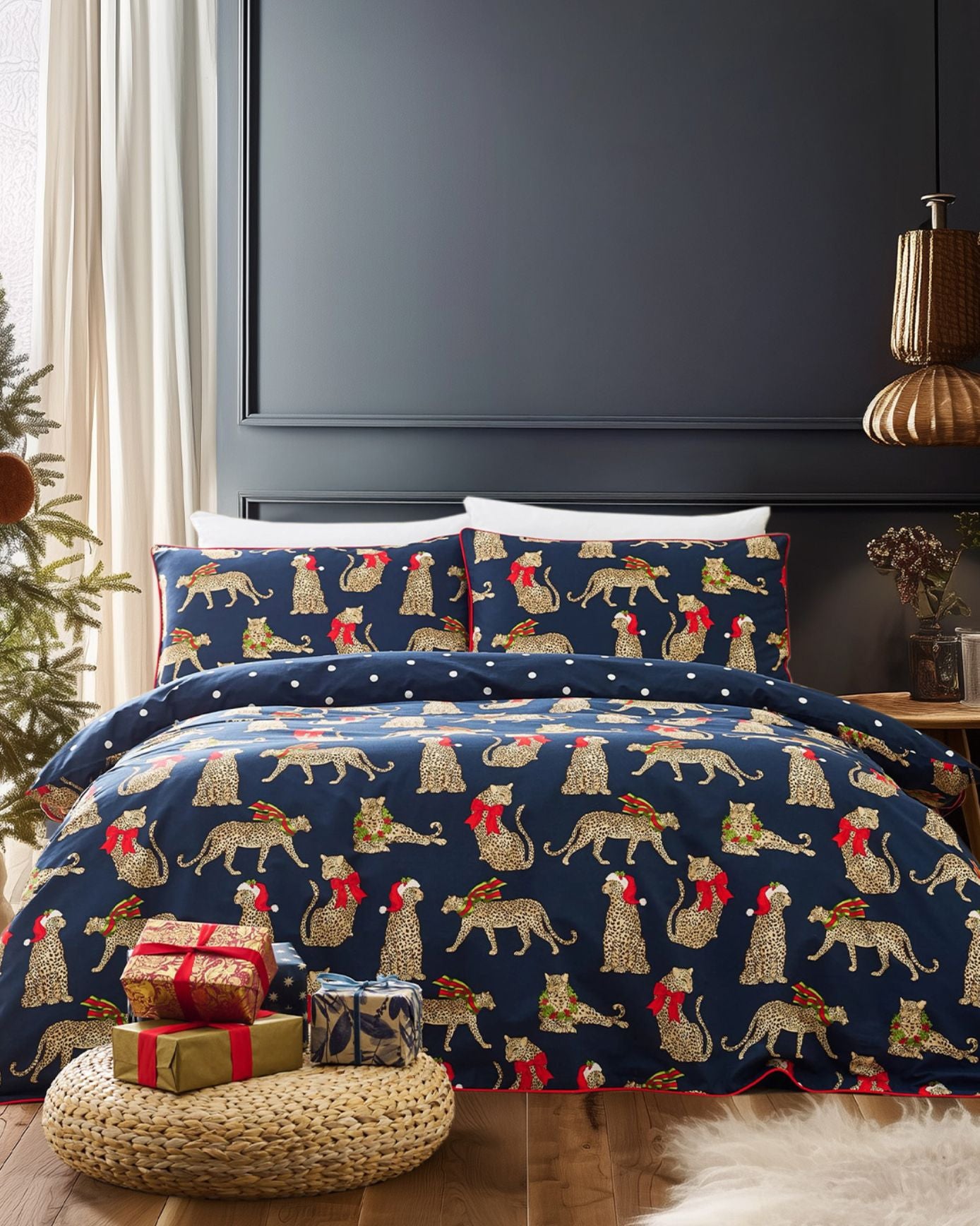 Cotton Christmas Leopard Print Reversible Bedding Set