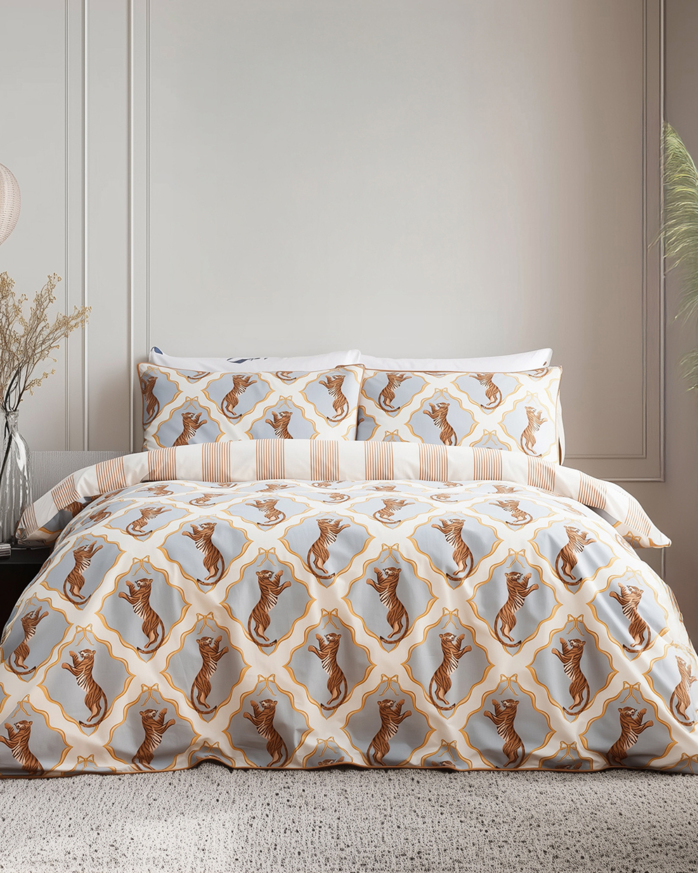 Cotton Gilded Tiger / Stripe Print Reversible Bedding Set