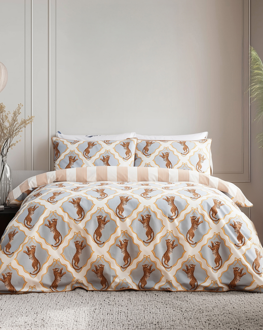 Cotton Gilded Tiger / Stripe Print Reversible Bedding Set