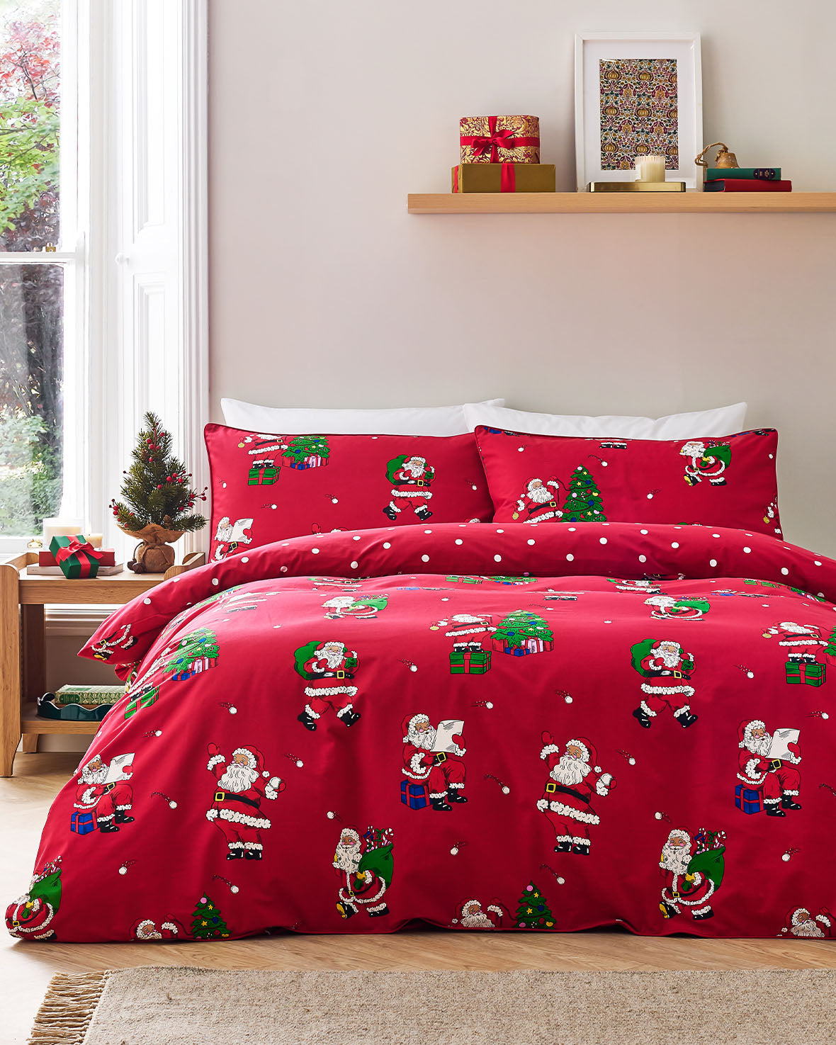 Cotton Christmas Santa Snowball Print Reversible Bedding Set