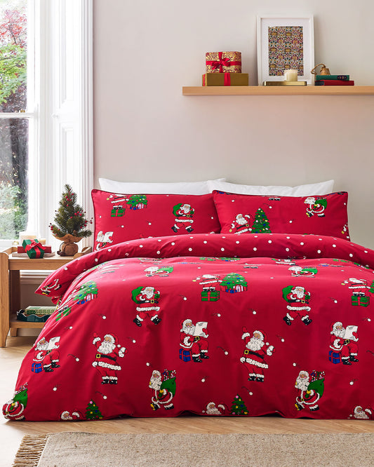 Cotton Christmas Santa Snowball Print Reversible Bedding Set
