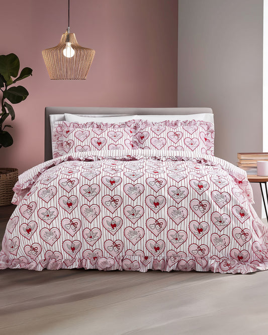 Cotton Valentine's Cupid Heart / Stripe Print Reversible Frill Bedding Set