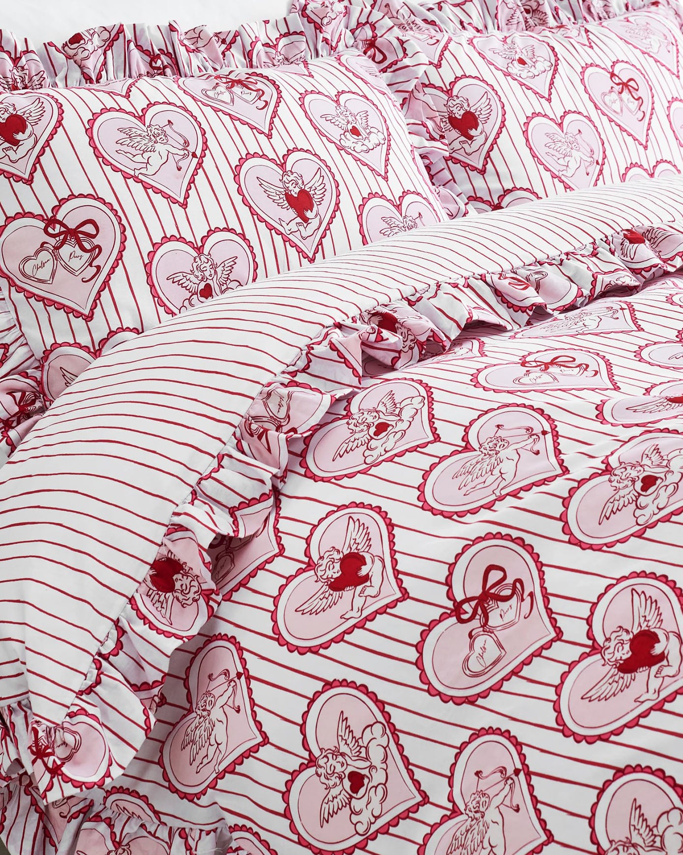Cotton Valentine's Cupid Heart / Stripe Print Reversible Frill Bedding Set