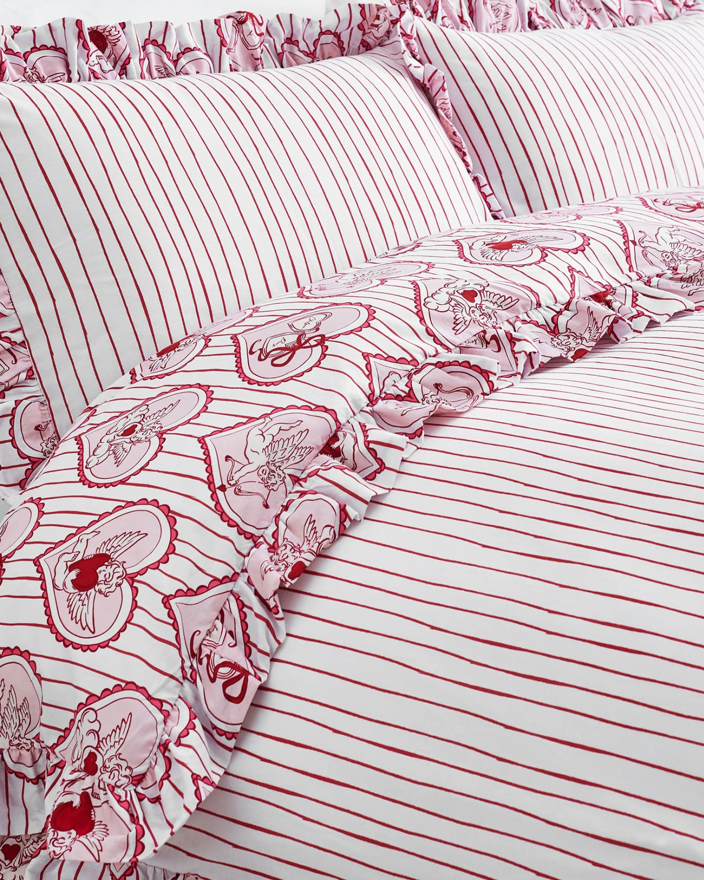 Cotton Valentine's Cupid Heart / Stripe Print Reversible Frill Bedding Set