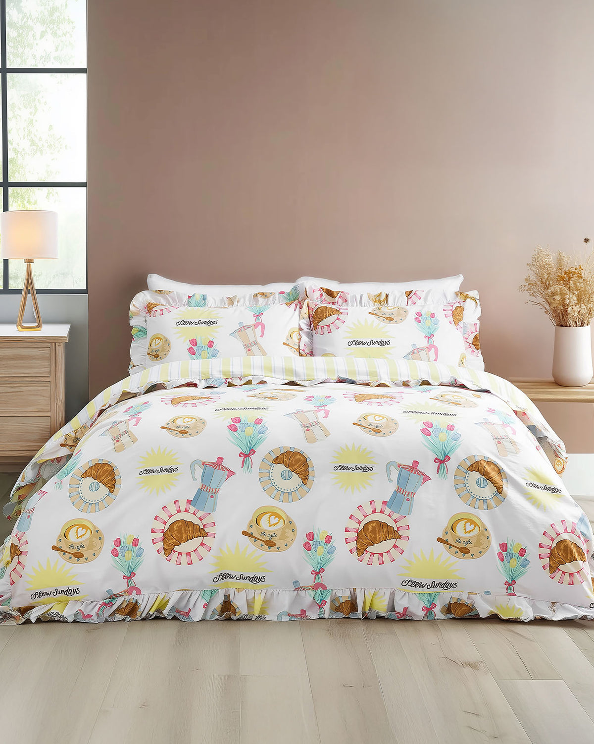 Cotton Slow Sundays Stripe Print Reversible Frill Bedding Set