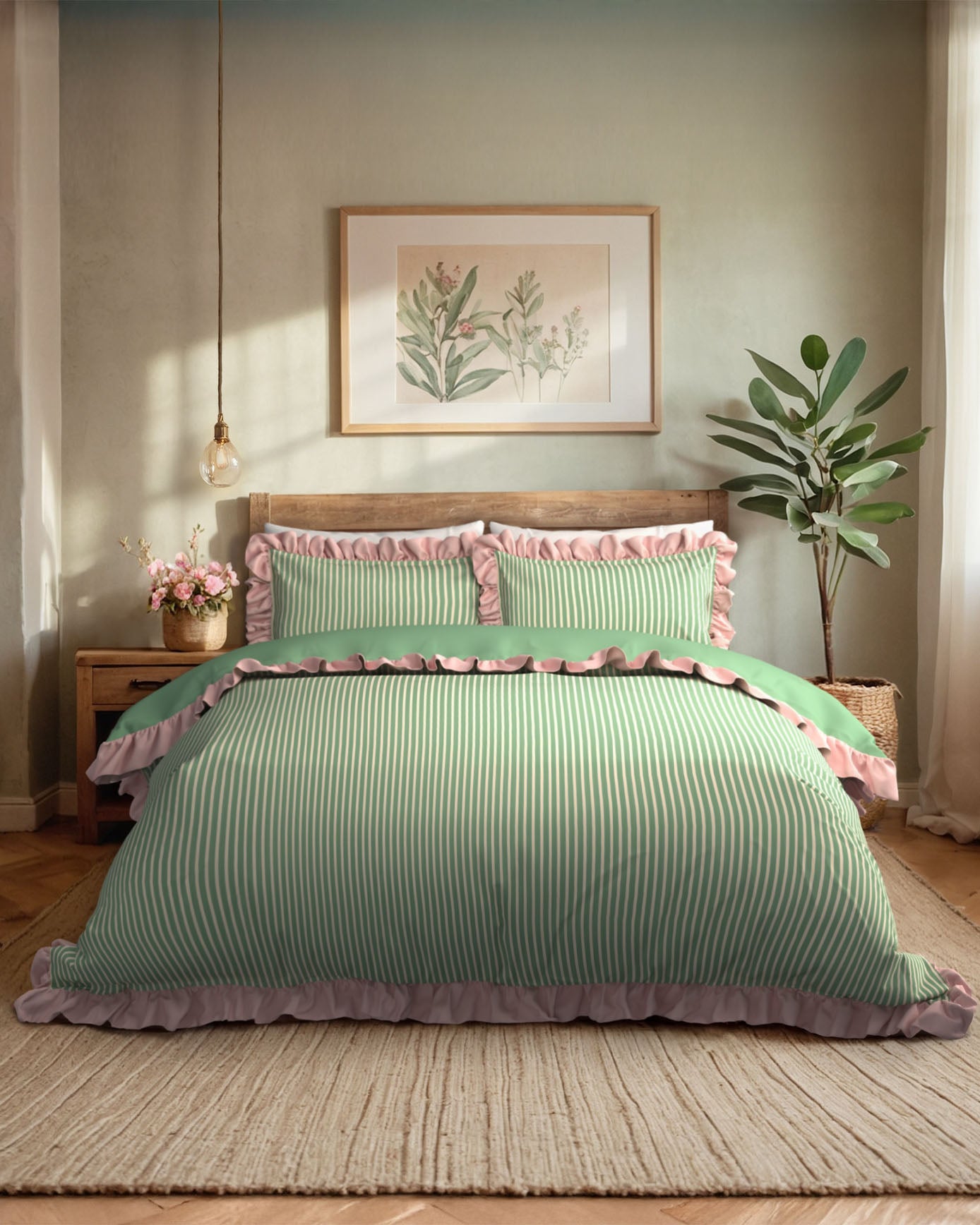 Cotton Garden Stripe Reversible Frill Bedding Set - Green & White