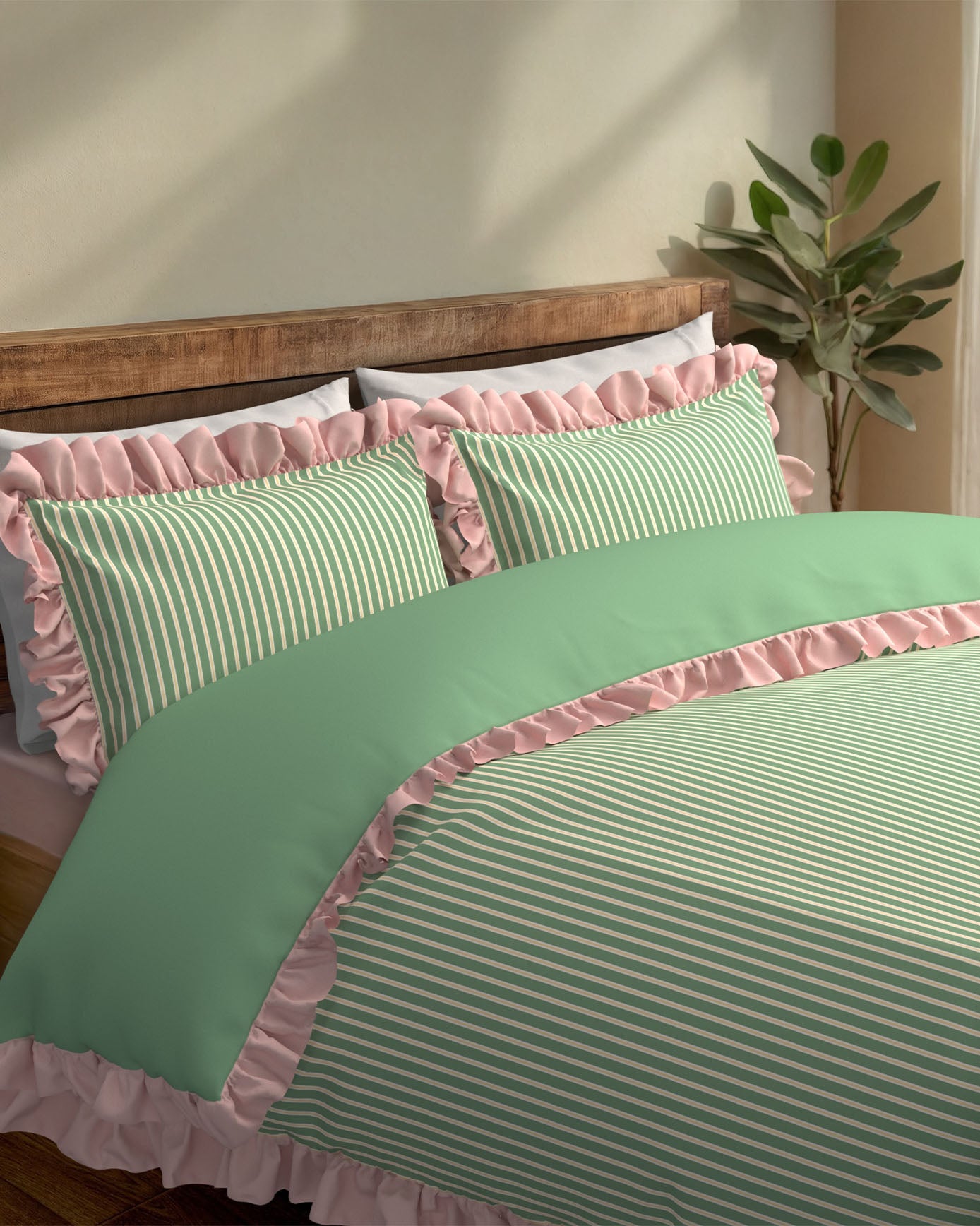 Cotton Garden Stripe Reversible Frill Bedding Set - Green & White