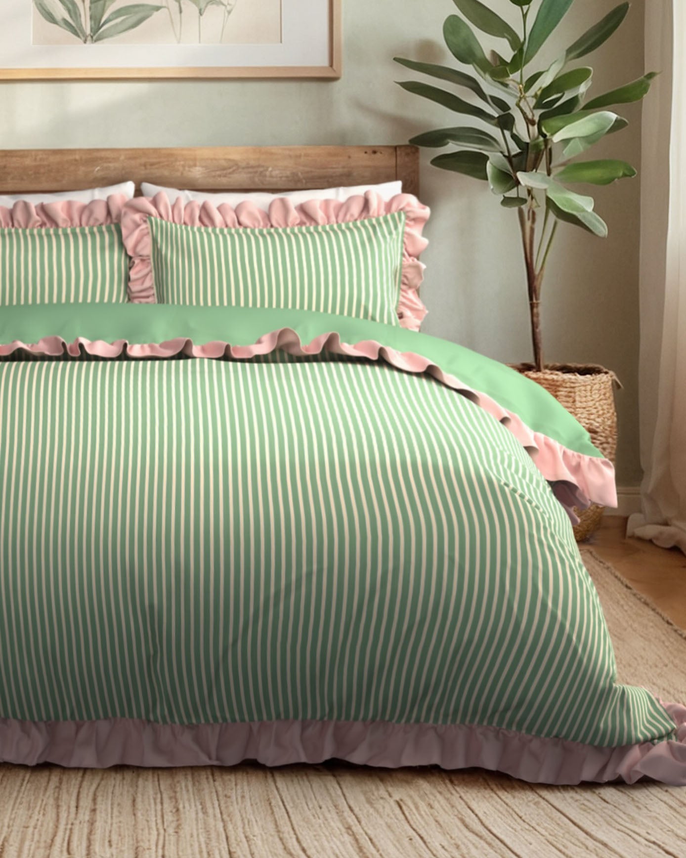 Cotton Garden Stripe Reversible Frill Bedding Set - Green & White