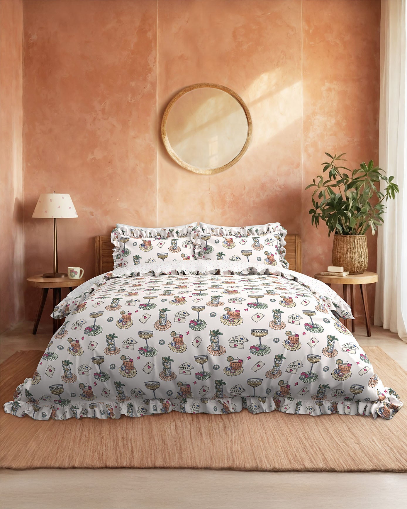 Cotton Cocktails & Cards Print Reversible Frill Bedding Set