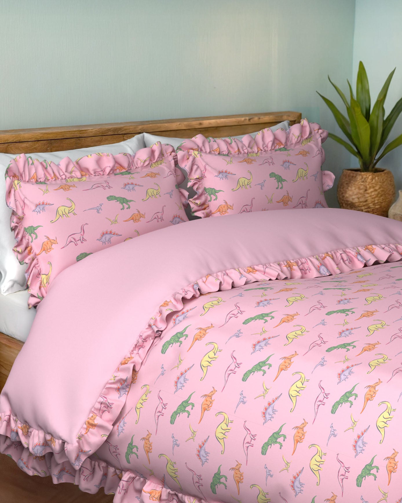 Cotton Dinosaur Print Reversible Frill Bedding Set 