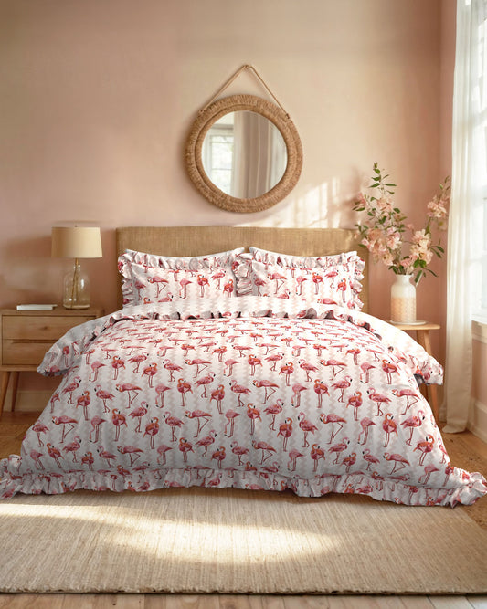 Cotton Flamingo Stripe Print Reversible Frill Bedding Set