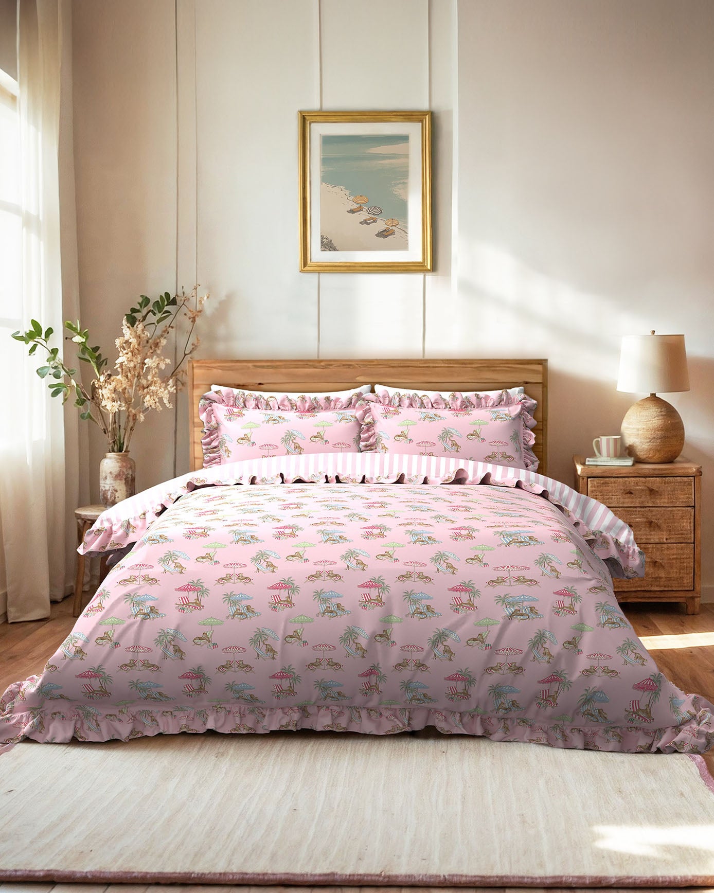 Cotton Lounging Leopards / Stripe Print Reversible Frill Bedding Set