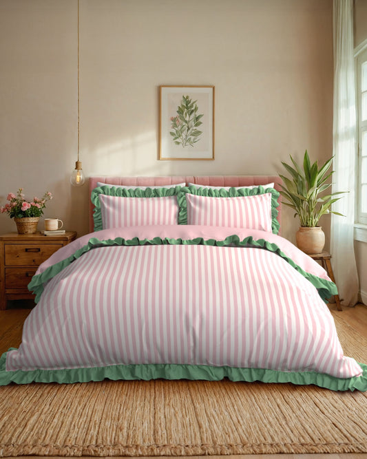 Cotton Stripe Reversible Frill Bedding Set - Pink & White