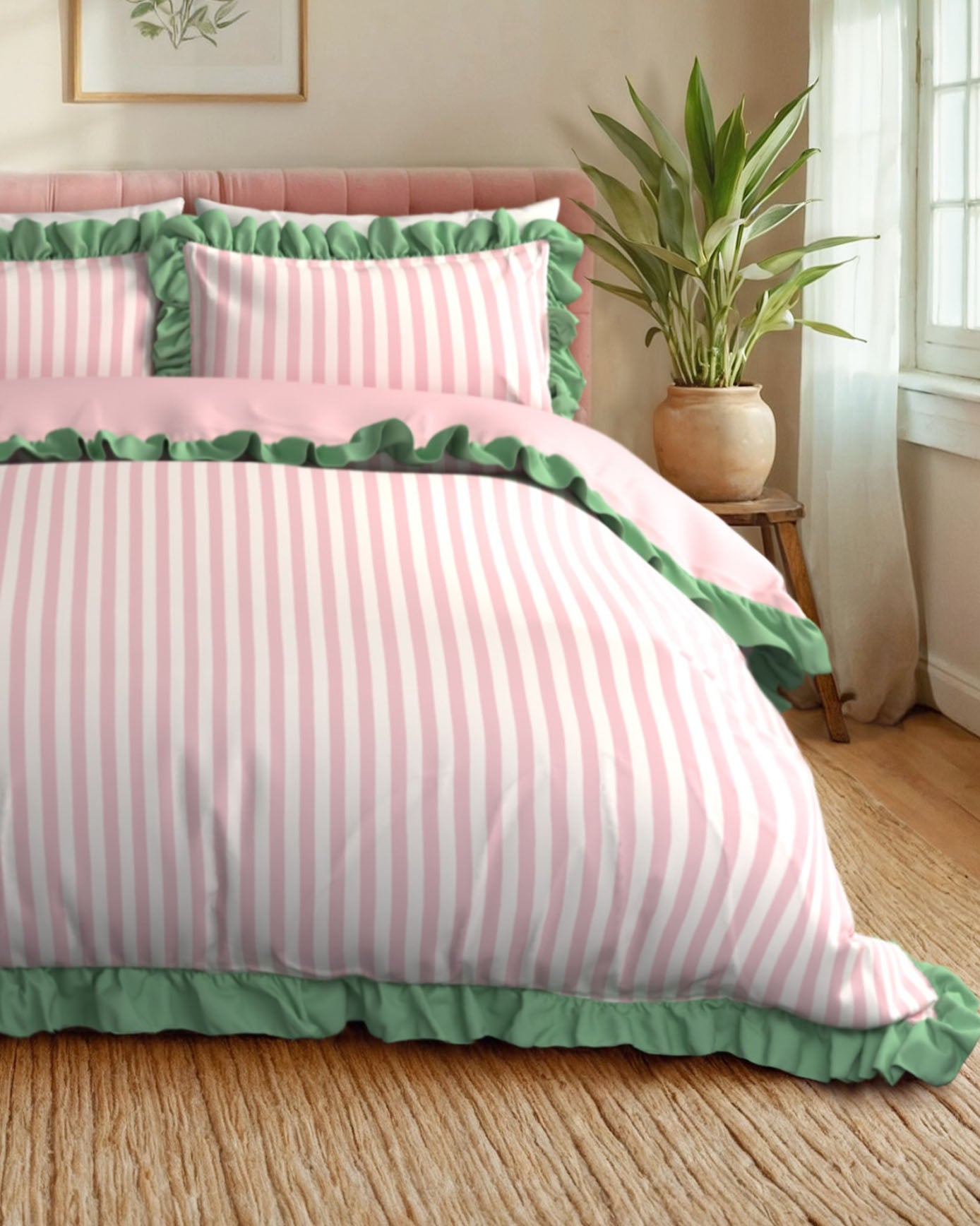 Cotton Stripe Reversible Frill Bedding Set - Pink & White