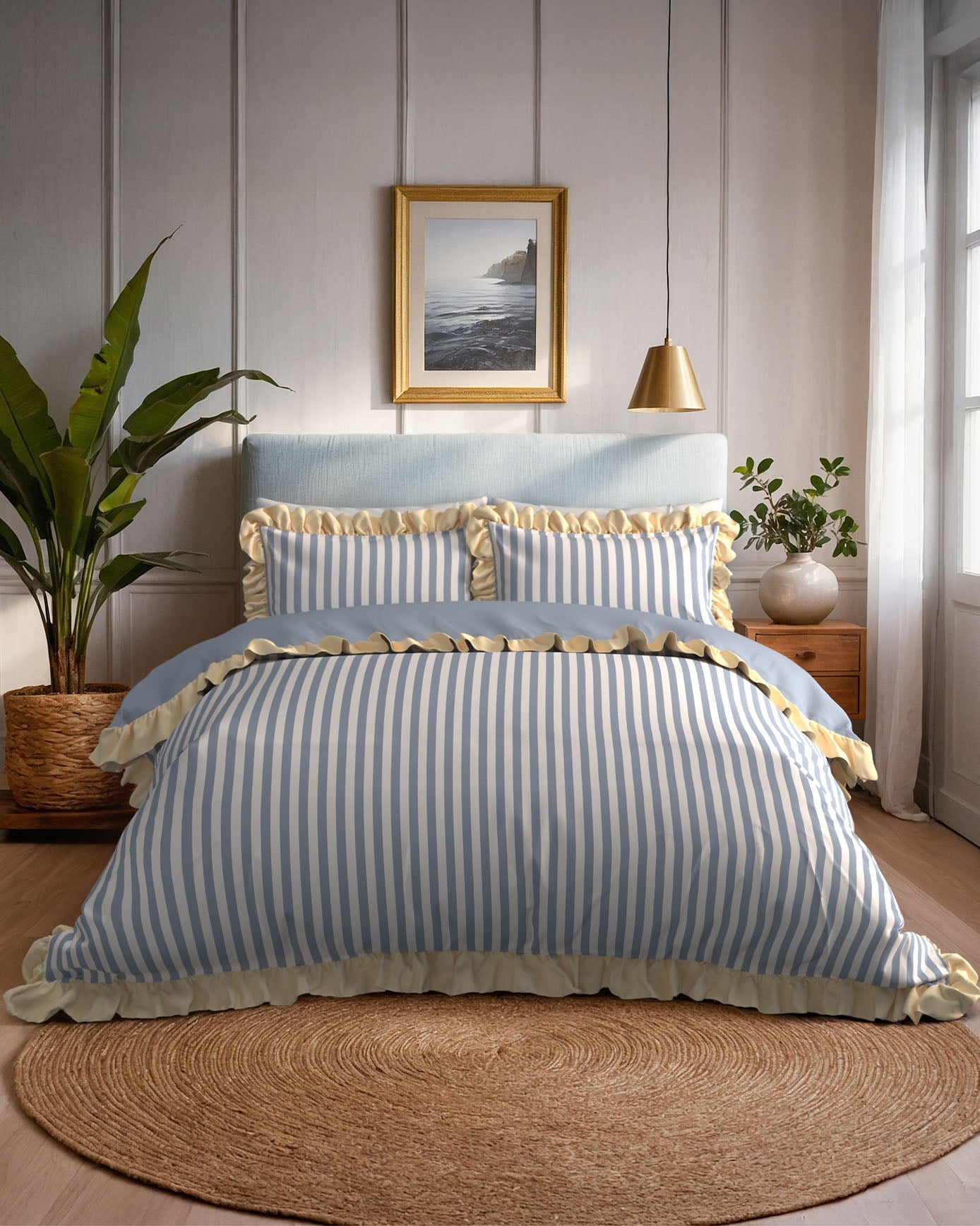 Cotton Stripe Reversible Frill Bedding Set - Blue & White